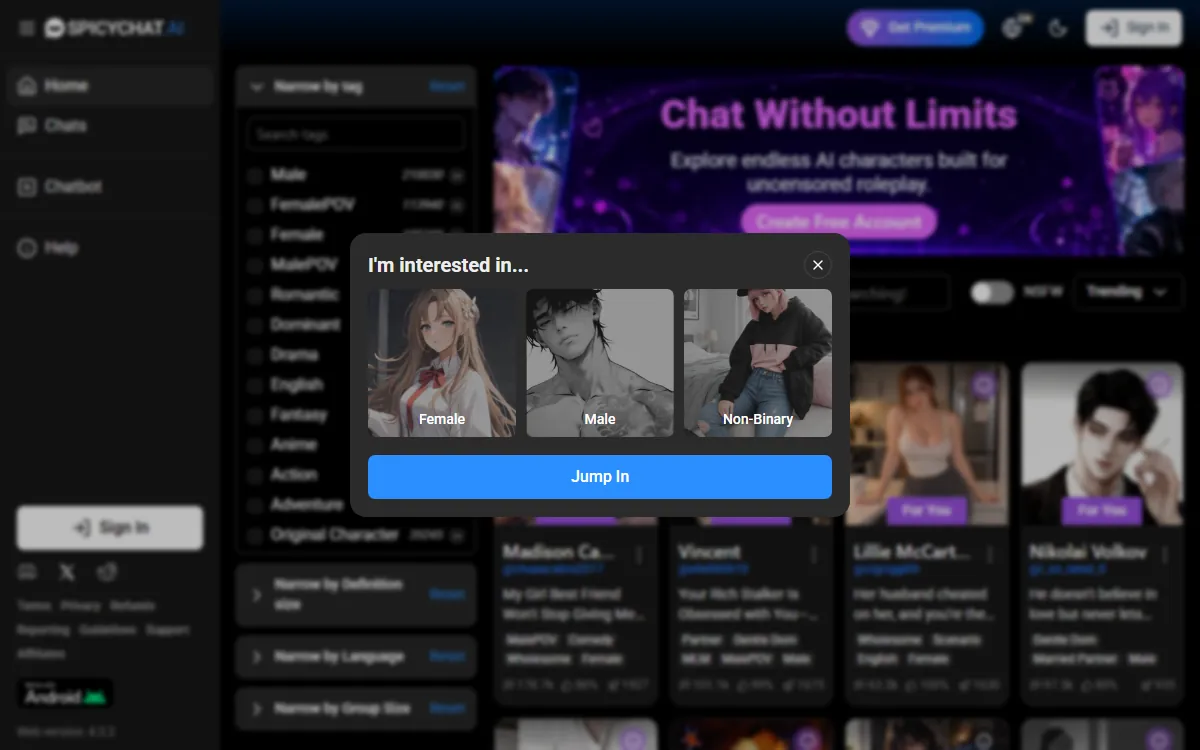 Screenshot of SpicyChat, censored